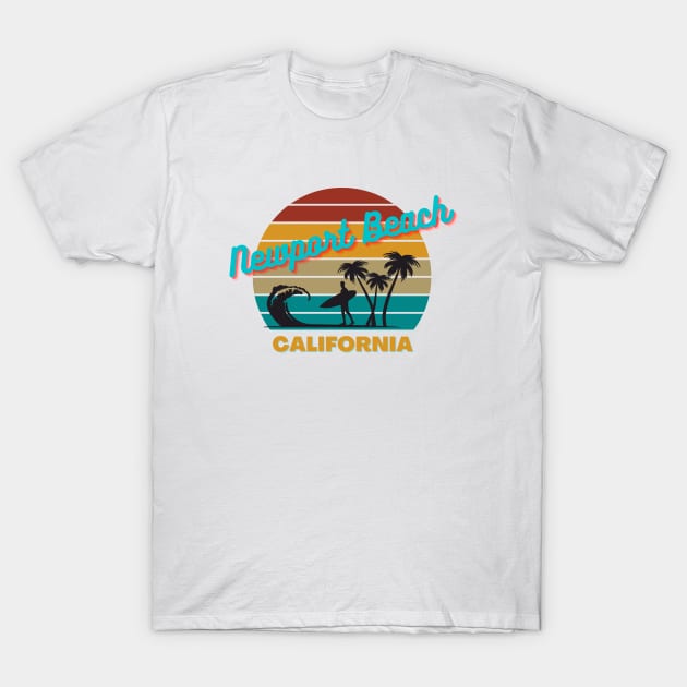 Newport Beach California Retro Vintage Sunset T-Shirt by AdrianaHolmesArt